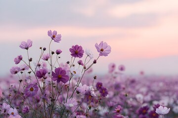 vibrant field of cosmos flowers, with the sky painted in hues of pink and purple
