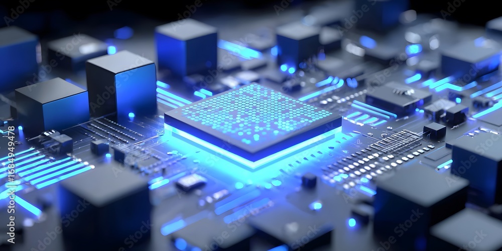 Poster close-up of a glowing blue microprocessor on a circuit board