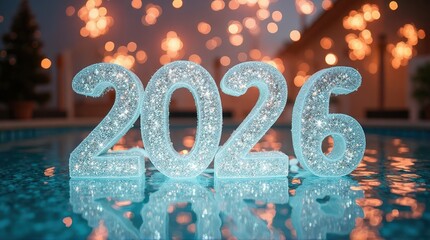 Sparkling Illuminated 2026 Numbers Floating in Pool During Evening Celebration