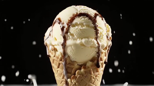 Closeup of Vanilla Ice Cream Cone with Chocolate Drizzle Against Black Background