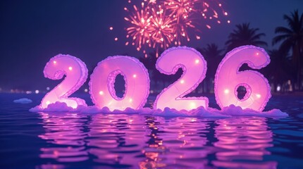 Illuminated 2026 Numbers Floating on Water During Fireworks Celebration at Night