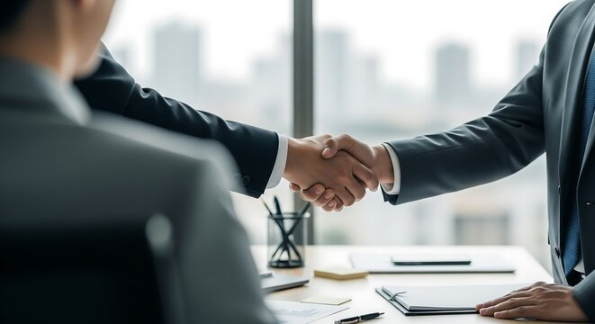 over the shoulder ,Businessmen shaking hands in a modern office setting, symbolizing a successful partnership agreement and professional collaboration