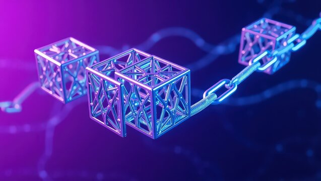 Three wireframe cubes connected by a chain on a purple and blue gradient background with light trails