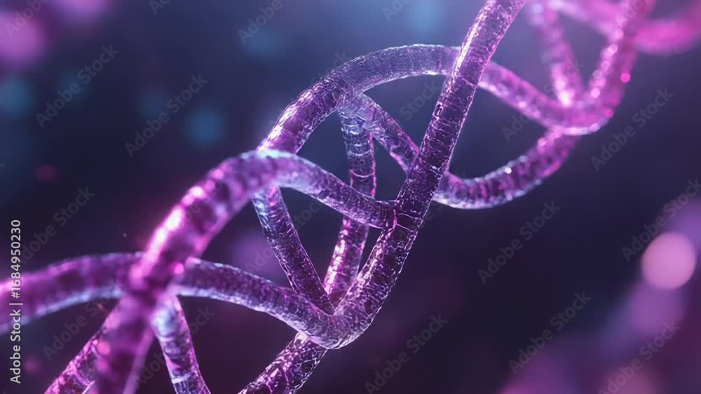 Poster pink dna helix rotating in a dark environment with glowing particles