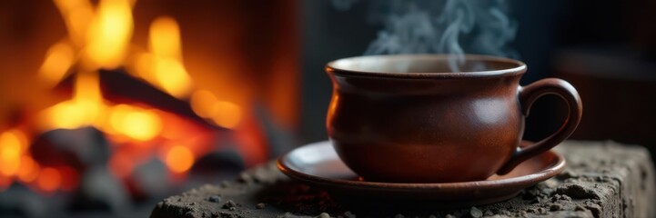 Close-up, steaming tea in rustic mug near glowing embers, comfort, mug, hot beverage