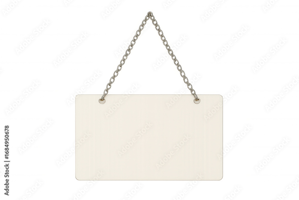 Poster white rectangular sign with rounded corners hanging from a metal chain on a transparent background, 