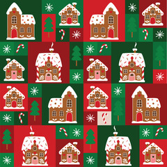 Traditional Colorful Christmas Pattern with Geometric Bauhaus Gingerbread Village