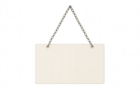 White rectangular sign with rounded corners hanging from a metal chain on a transparent background, creating a customizable template for messages and announcements