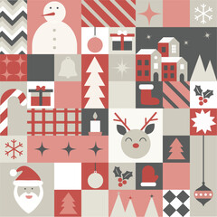 Modern Geometric Bauhaus Christmas Pattern with Minimal Holiday Icons in Neutral Colors