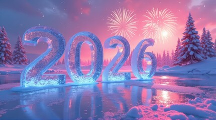 Ice Number 2026 New Year Celebration Fireworks Snowy Landscape