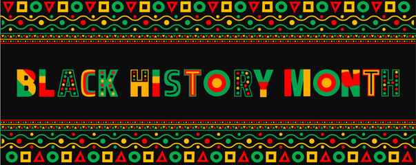 Black History Month geometric shape pattern background banner or poster design template. Pan-African colors,  a raised fist, and bold typography celebrate African American heritage.