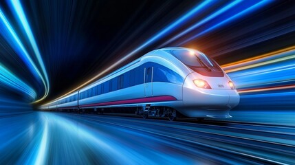High Speed Train Racing Through a Tunnel of Light, Symbolizing Modern Transportation Advances Today
