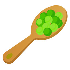 Wooden spoon filled with green peas food vector on white background.