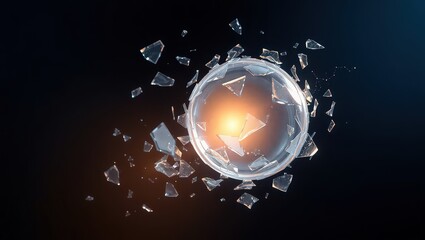 A shattered glass sphere with a bright light emanating from its center against a dark background