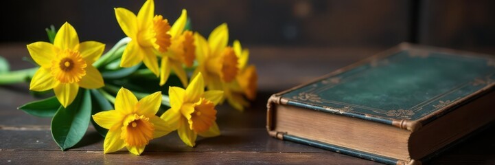 Fototapeta premium Narcissus blossoms beside antique book, wooden surface , narcissus, brick