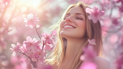 Fototapeta premium Woman smiles, surrounded by spring blossoms. Soft light