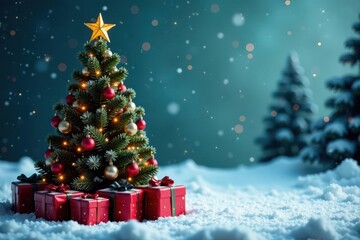 Ornate Christmas tree with presents, snowy scene, sparkle, winter, red