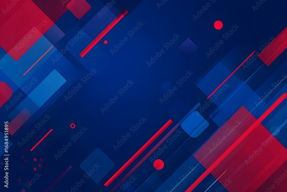 Poster blue background with simple geometric shapes and lines in red,