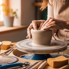 Skilled Hands Molding Wet Clay, Creating a Ceramic Vessel on Wheel