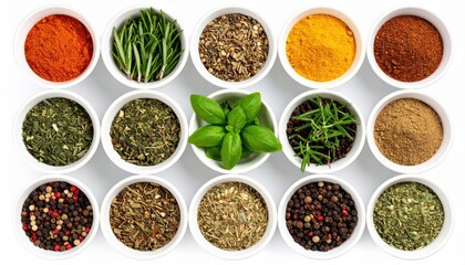 A collection of fifteen white bowls filled with assorted dried spices herbs and peppercorns arranged in a grid pattern