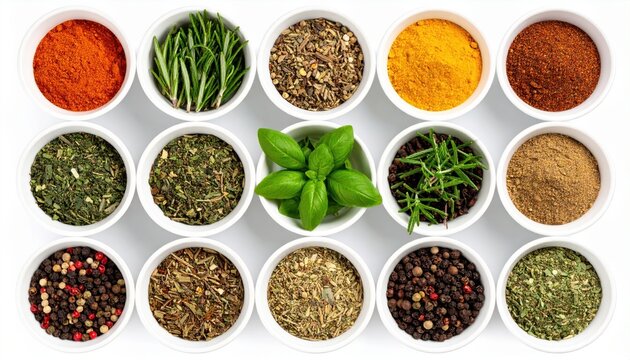 A collection of fifteen white bowls filled with assorted dried spices herbs and peppercorns arranged in a grid pattern
