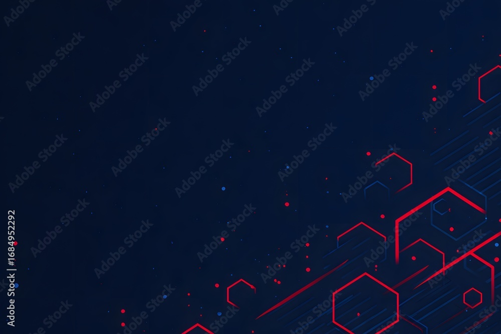 Poster blue background with simple geometric shapes and lines in red,