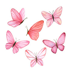 A set of red and pink butterflies. Watercolor hand painted illustration. Isolated elements on a white background. For wedding and birthday design, invitational and greeting cards, posters, packaging.