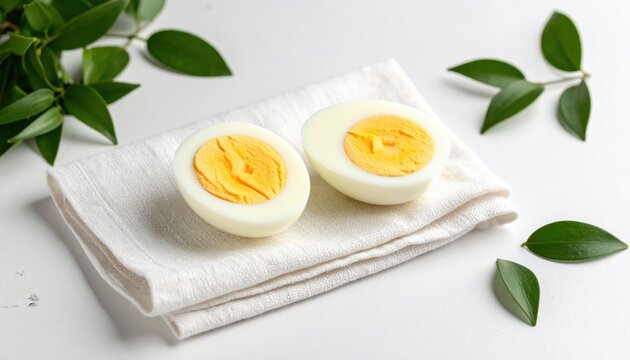 Two halves of a hard boiled egg with bright yellow yolks rest on a textured white napkin amidst fresh green leaves
