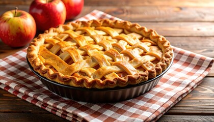 Golden lattice crust  pie fresh baked on a rustic wooden table with red apples dessert pastry fruit food