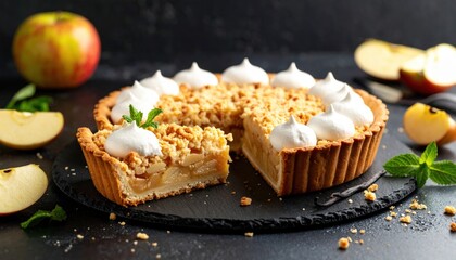 Close up of a delicious  crumble tart with whipped cream and mint leaves dessert pastry baking sweet