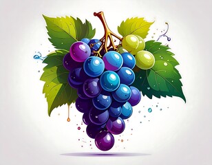 Vibrant, stylized bunch of grapes with colorful, glossy berries, leaves, and splashes