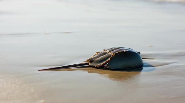 Horseshoe crab on beach sand with ocean waves, coastal wildlife, conservation.