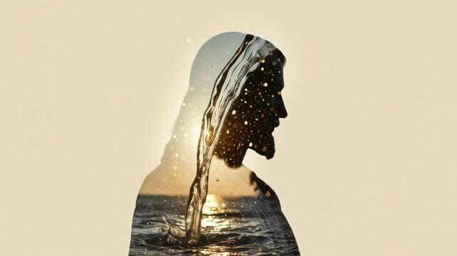 Silhouette of man pouring water into ocean water, representing Christian concept of living water and baptism with religious background footage.