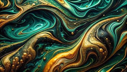 Abstract swirling emerald teal and golden hues with organic textures and bubbles