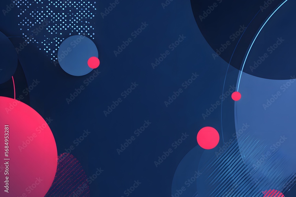 Poster blue background with simple geometric shapes and lines in red,