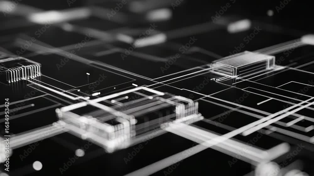 Poster futuristic microchip connecting digital data flow on motherboard