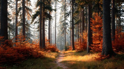 Obraz premium beautiful forest landscape with sunlight and trees in autumn