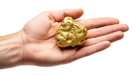 a hand reveals raw gold nugget untouched treasure, symbol of wealth and prosperity, isolated on transparent background