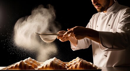 Chef dusting powdered sugar over croissant with fine mesh sieve