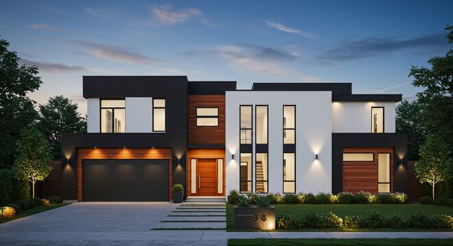 Modern two story house exterior dusk architectural design home real estate property