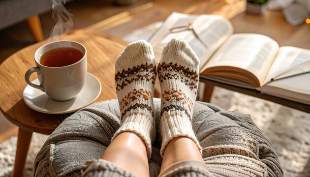Socks tea cup book warm winter cozy autumn hygge home relaxing captures the essence of hygge with soft knitted socks, warm tea, and a quiet reading nook for ultimate comfort.