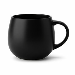 Ultra realistic matte black ceramic coffee mug rounded belly shape isolated on white background