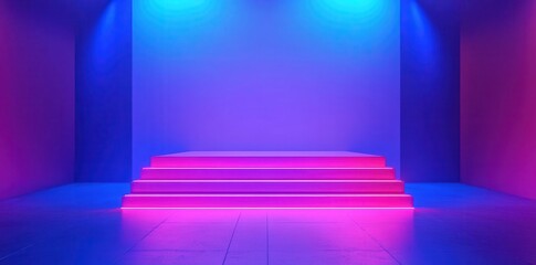 Neon Lit Stage in a Room with blue and magenta, Geometric Theme
