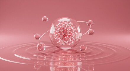 Abstract pink sphere with orbiting particles in liquid
