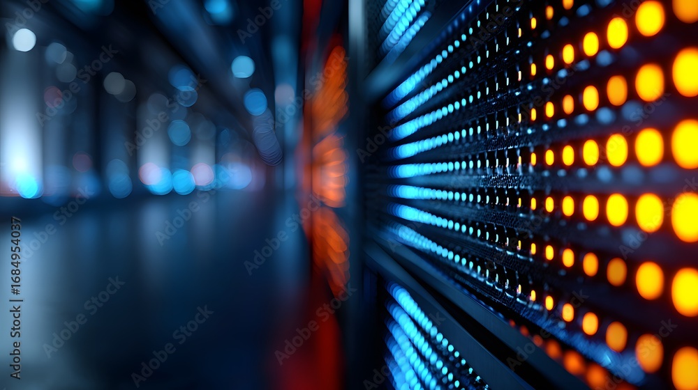 Poster server room with illuminated panels and depth of field effect