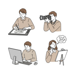 Diverse creatives at work using various tools including graphic tablet, camera, computer, and easel, ideal for illustrating creative professions and work styles