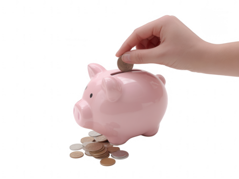 a hand placing coins into a pink piggy bank, jpeg, png, transparent