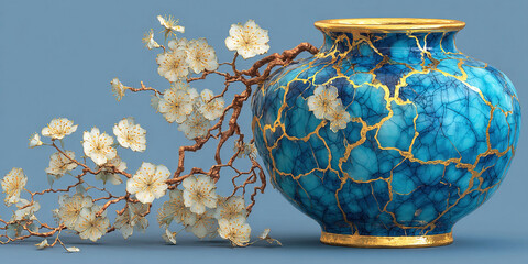 Exploring kintsugi artistry with a blue vase and cherry blossom branch inspired by Japanese culture