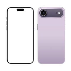 Purple smartphone mockup showing front and back view with blank display, isolated on white background. Mobile device template for app design, user interface presentation, infographic 