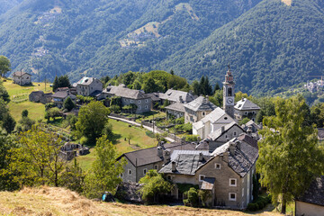 historic buildings of the old village of Rasa in Centovall, Switzerland